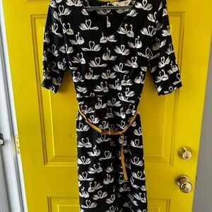 Yumi Black and White Swan Print Dress with Yellow Belt